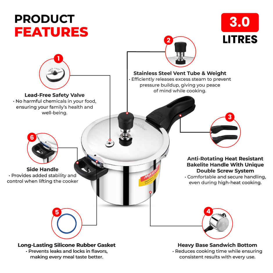 Master Stainless Steel Flat Outer Lid Pressure Cooker 3 L, Gas and Induction Stove Compatible