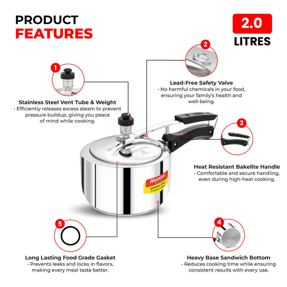 Master Stainless Steel Inner Lid Pressure Cooker 2 L, Gas and Induction Stove Compatible