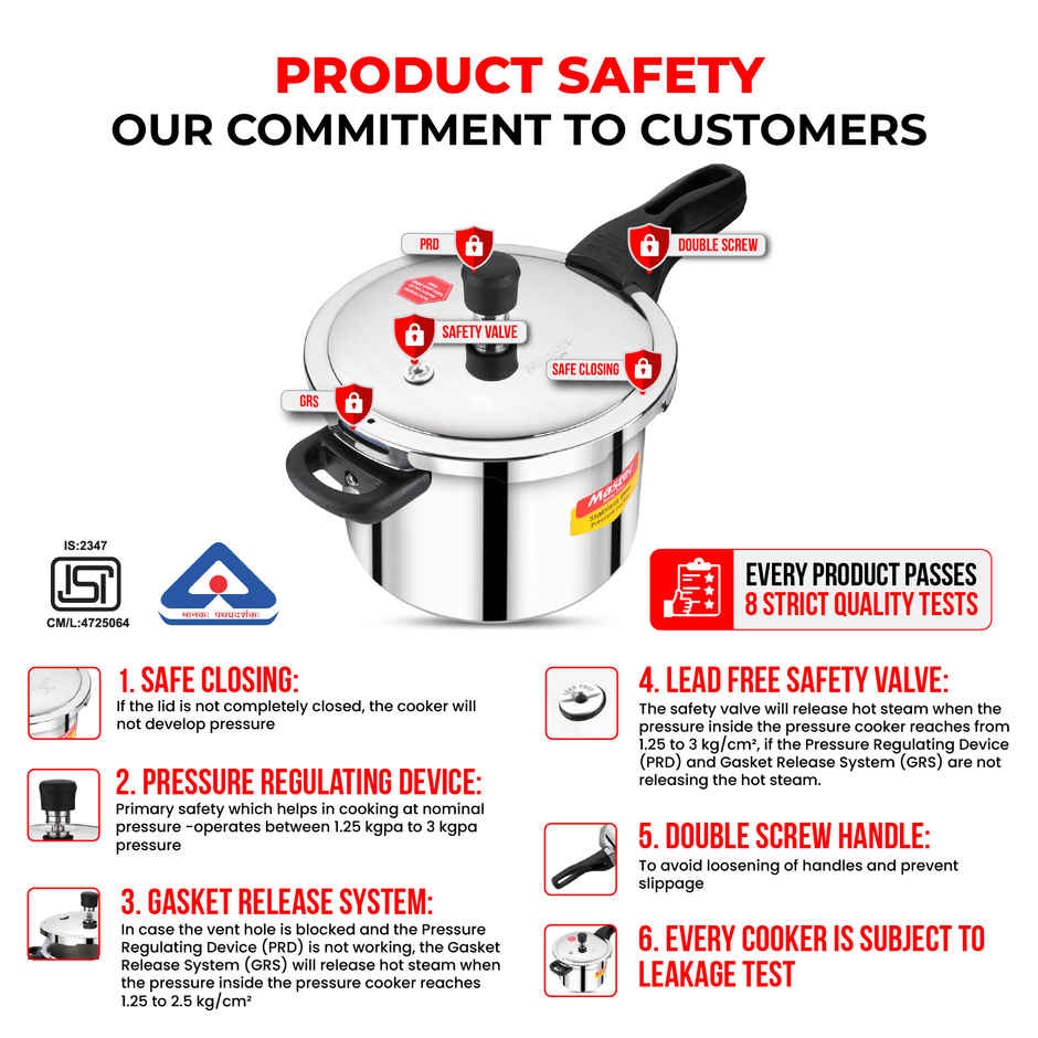 Master Stainless Steel Flat Outer Lid Pressure Cooker 5 L, Gas and Induction Stove Compatible