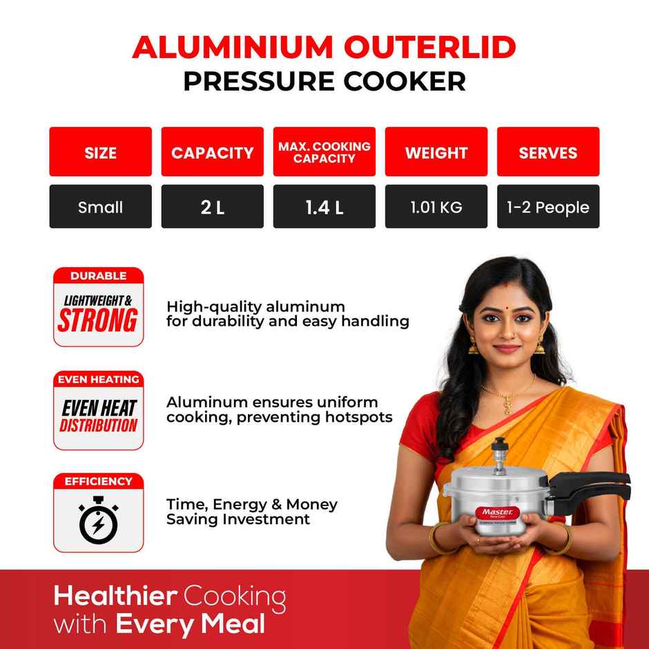 Master Aluminium Outer Lid Pressure Cooker 2 L, Gas and Induction Stove Compatible