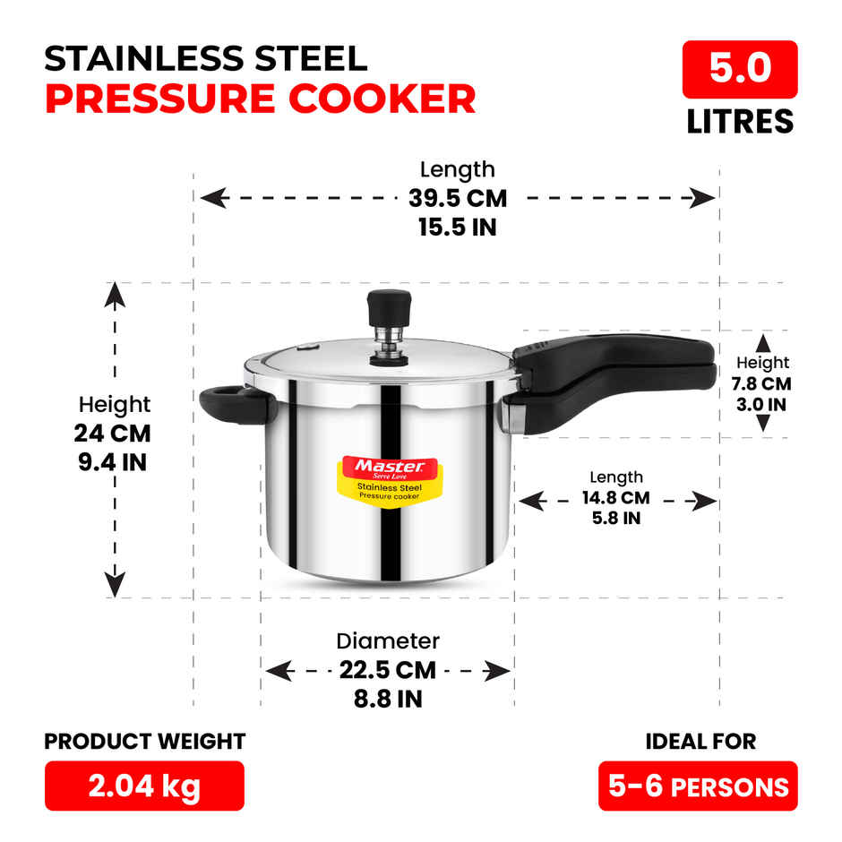 Master Stainless Steel Flat Outer Lid Pressure Cooker 5 L, Gas and Induction Stove Compatible