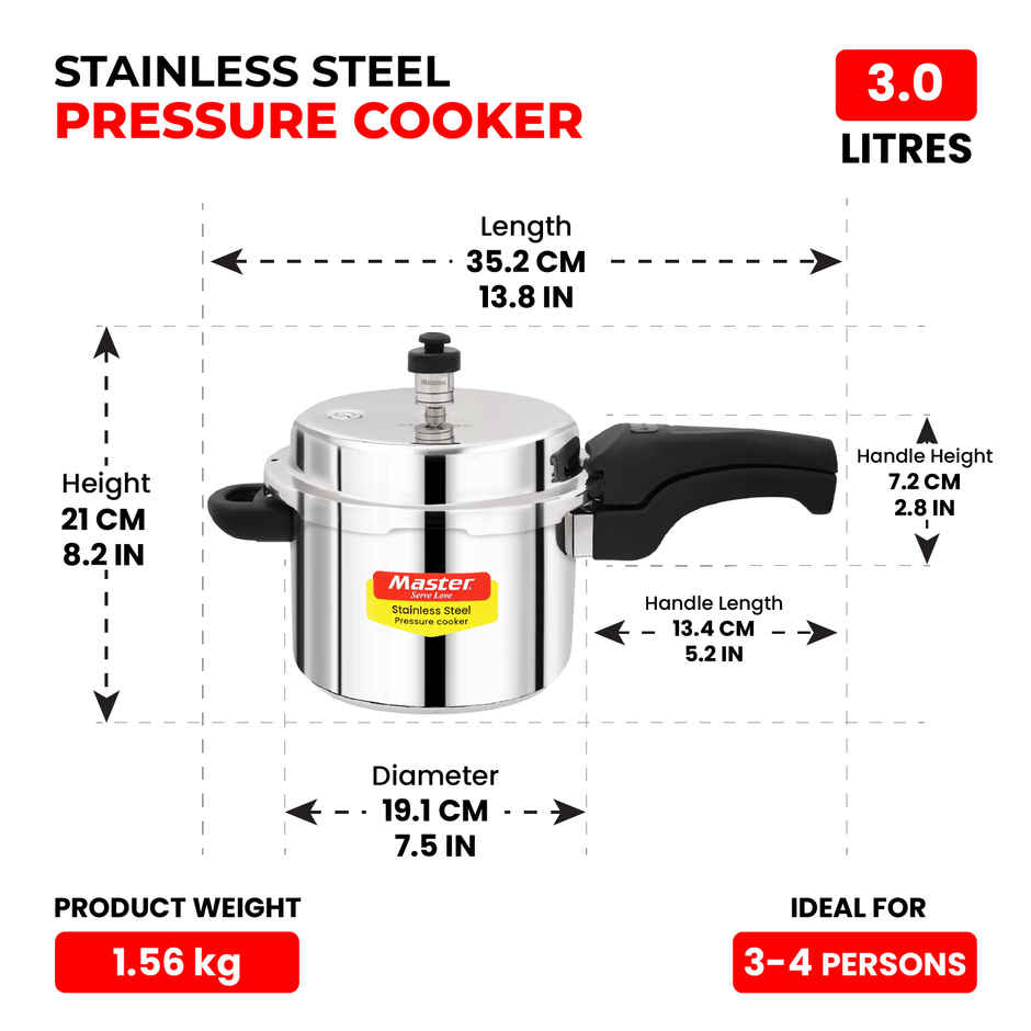 Master Stainless Steel Outer Lid Pressure Cooker 3 L, Gas and Induction Stove Compatible