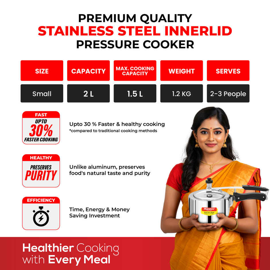 Master Stainless Steel Inner Lid Pressure Cooker 2 L, Gas and Induction Stove Compatible