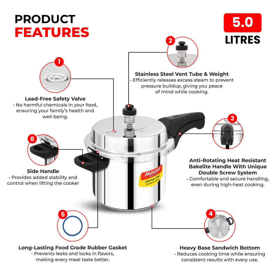 Master Stainless Steel Outer Lid Pressure Cooker 5 L, Gas and Induction Stove Compatible