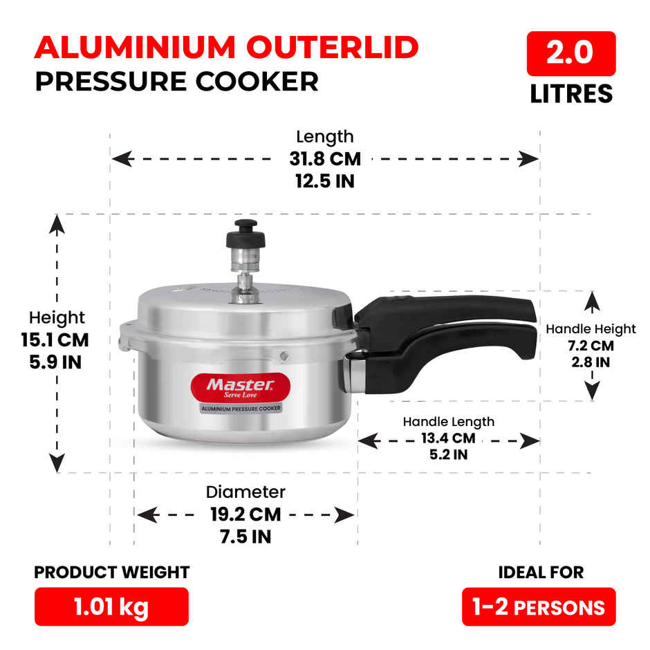 Master Aluminium Outer Lid Pressure Cooker 2 L, Gas and Induction Stove Compatible