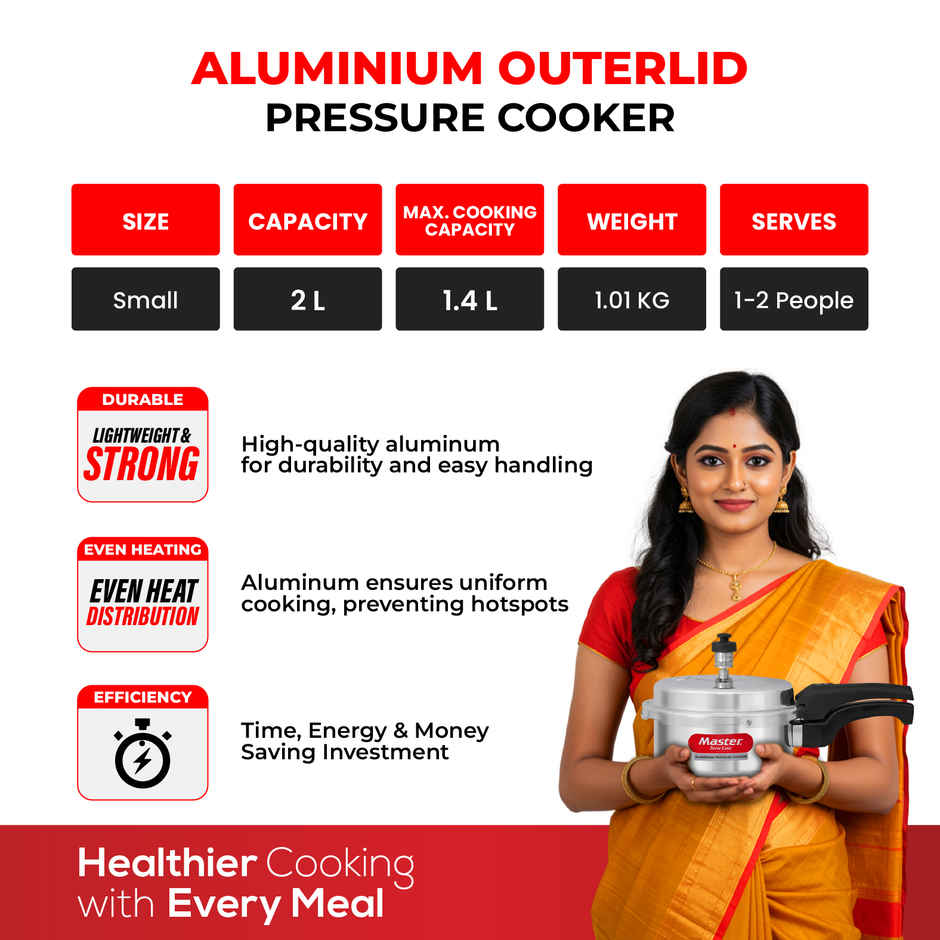 Master Aluminium Outer Lid Pressure Cooker 2 L, Gas and Induction Stove Compatible