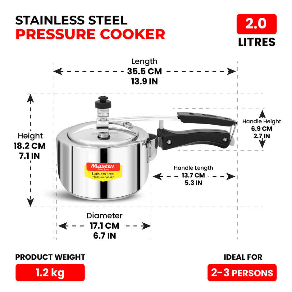 Master Stainless Steel Inner Lid Pressure Cooker 2 L, Gas and Induction Stove Compatible