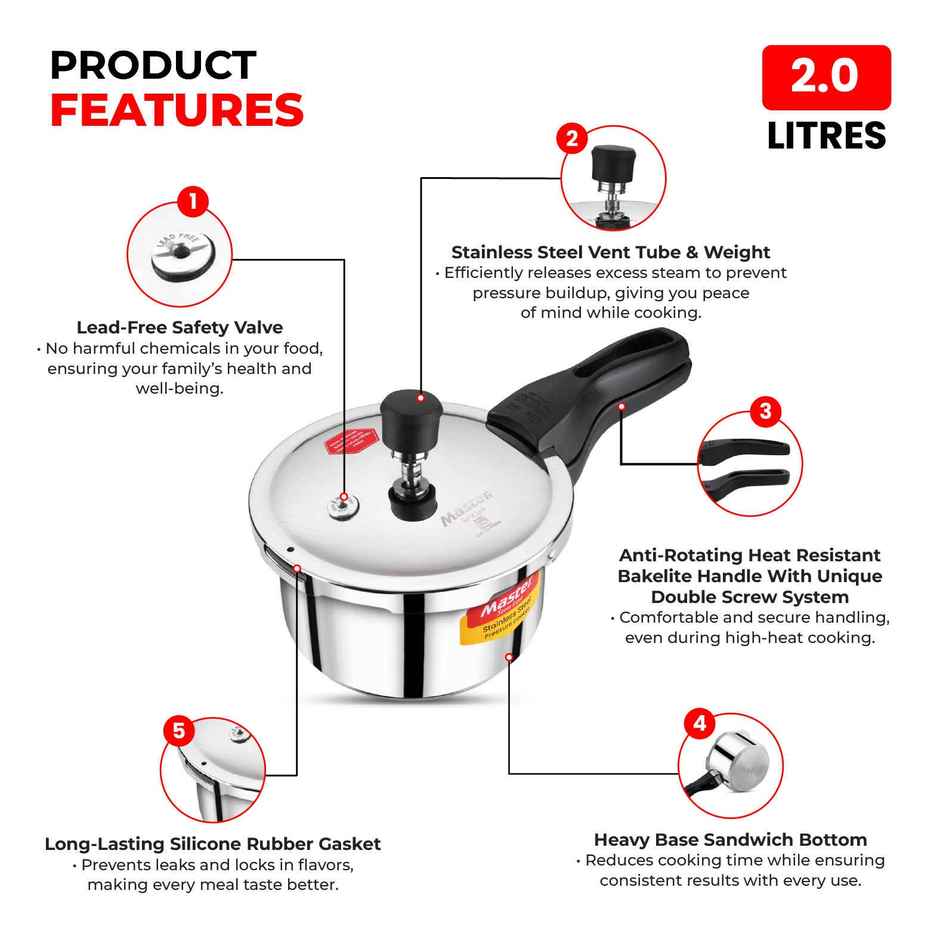 Master Amora Stainless Steel Outer Lid Pressure Cooker 2L, Gas And Induction Stove Compatible