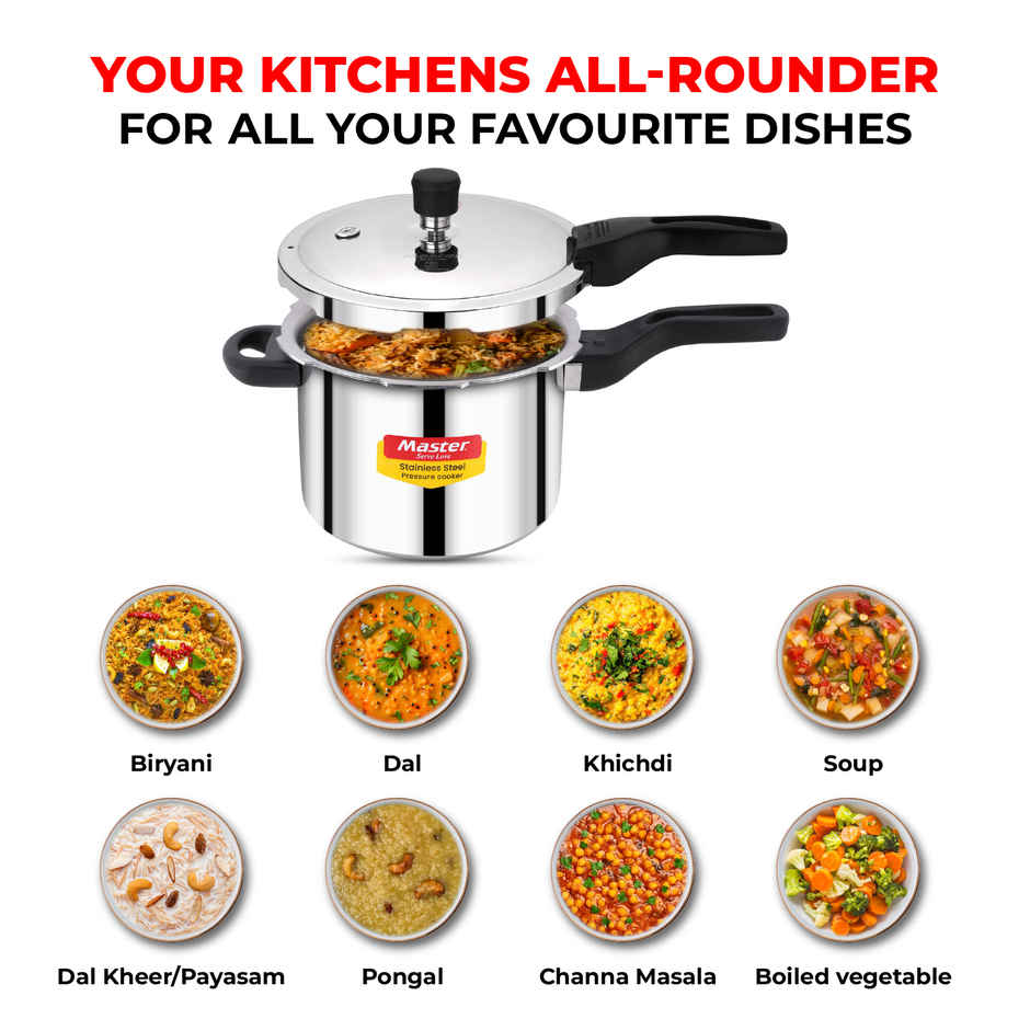 Master Stainless Steel Flat Outer Lid Pressure Cooker 5 L, Gas and Induction Stove Compatible