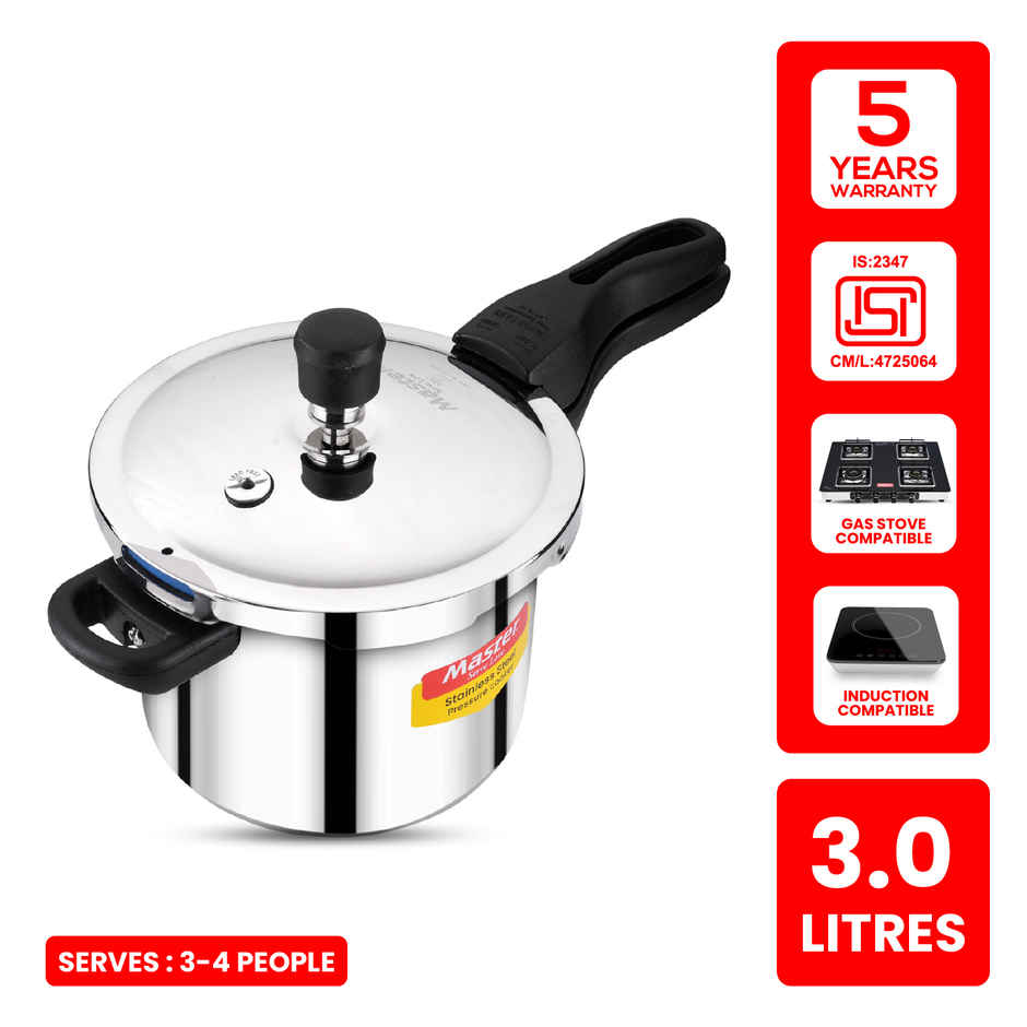 Master Stainless Steel Flat Outer Lid Pressure Cooker 3 L, Gas and Induction Stove Compatible