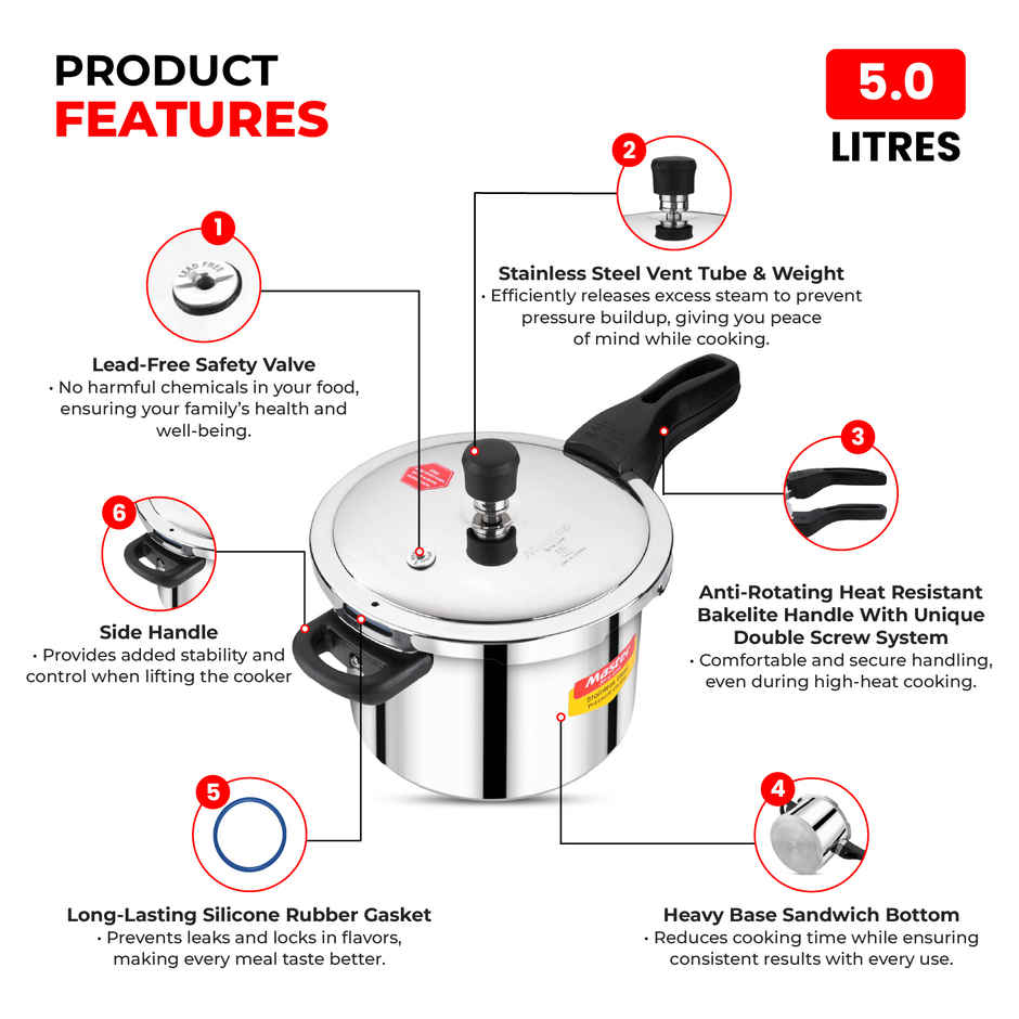 Master Stainless Steel Flat Outer Lid Pressure Cooker 5 L, Gas and Induction Stove Compatible