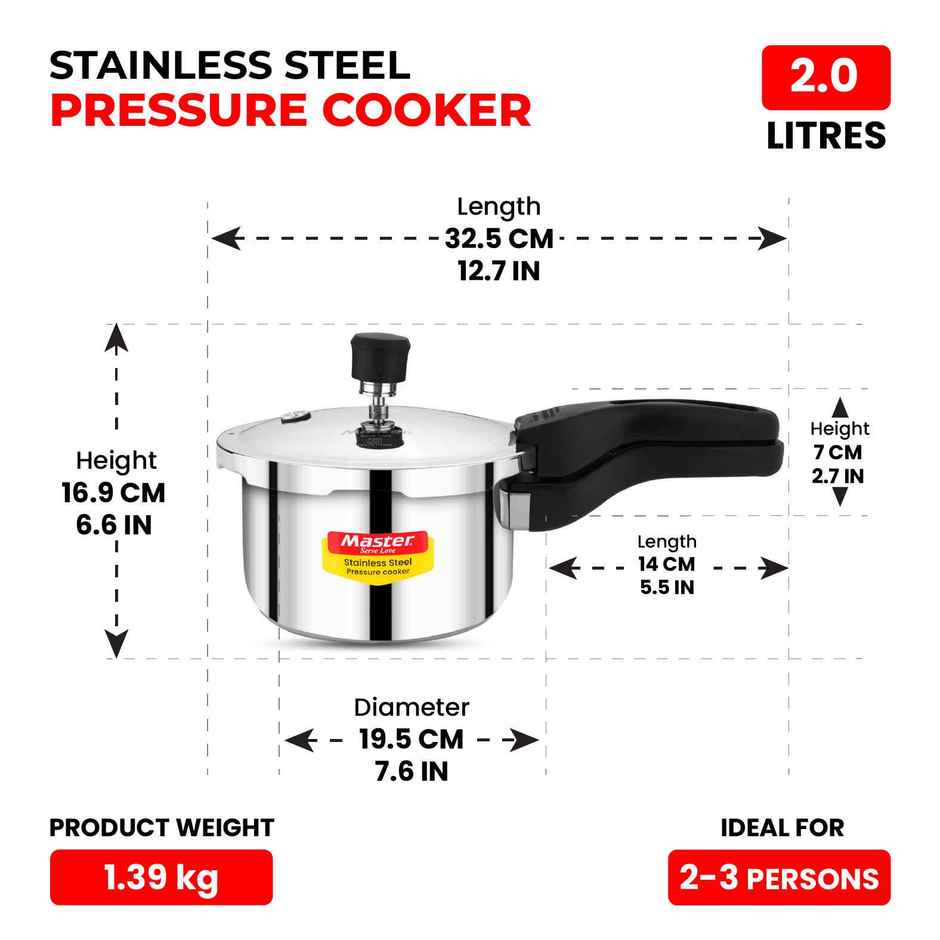 Master Amora Stainless Steel Outer Lid Pressure Cooker 2L, Gas And Induction Stove Compatible