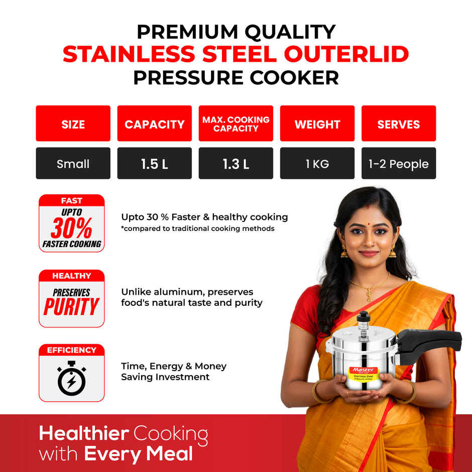 Master Stainless Steel Outer Lid Pressure Cooker 1.5 L, Gas and Induction Stove Compatible