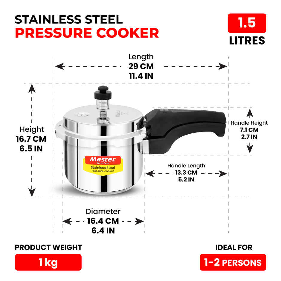 Master Stainless Steel Outer Lid Pressure Cooker 1.5 L, Gas and Induction Stove Compatible