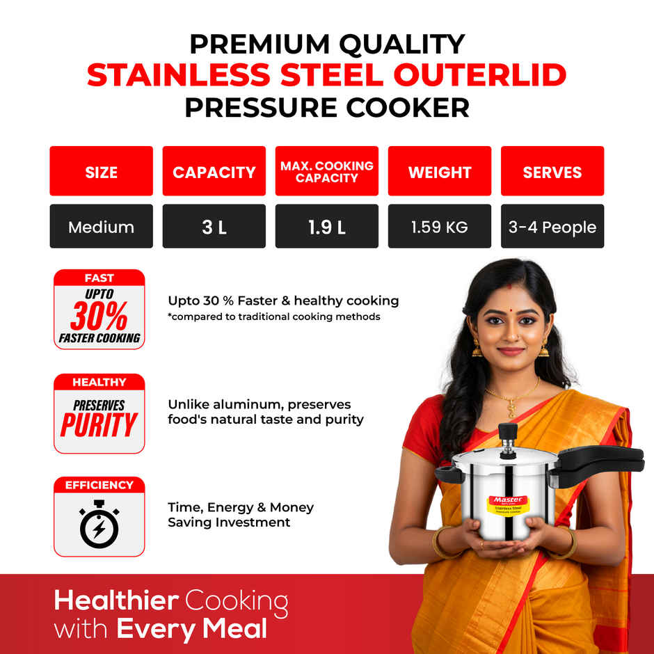 Master Stainless Steel Flat Outer Lid Pressure Cooker 3 L, Gas and Induction Stove Compatible