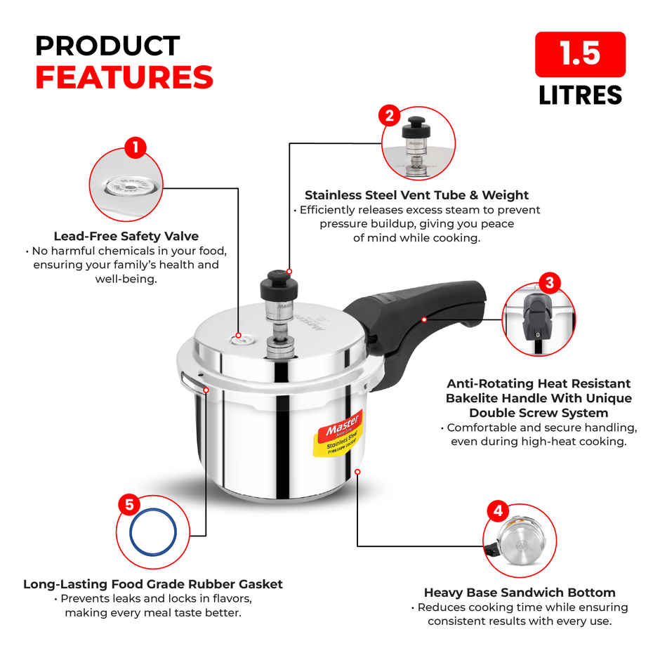 Master Stainless Steel Outer Lid Pressure Cooker 1.5 L, Gas and Induction Stove Compatible