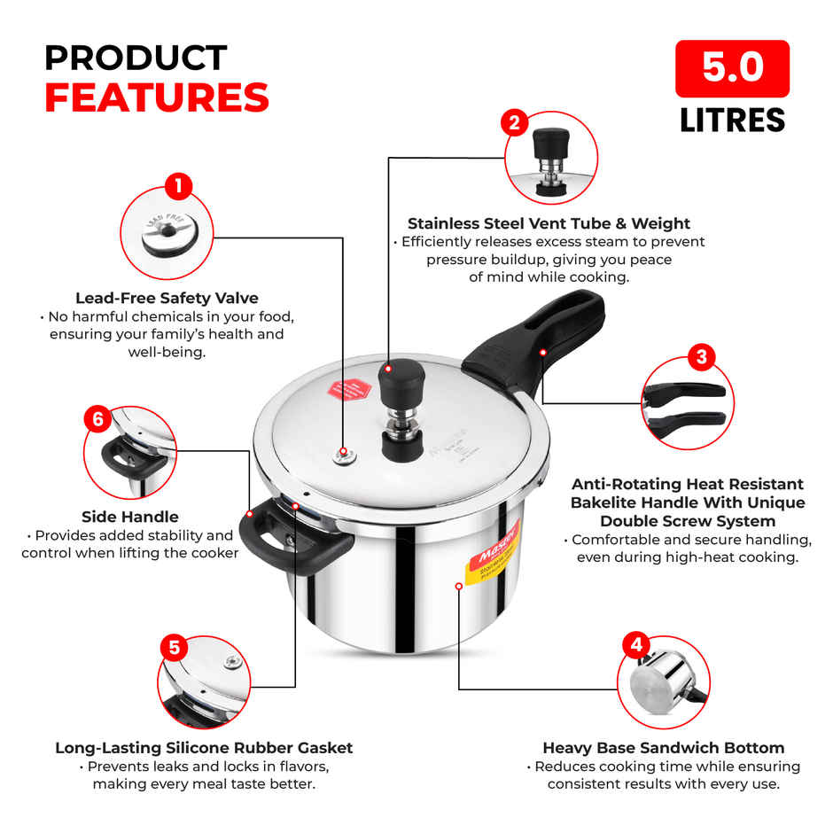 Master Stainless Steel Flat Outer Lid Pressure Cooker 5 L, Gas and Induction Stove Compatible