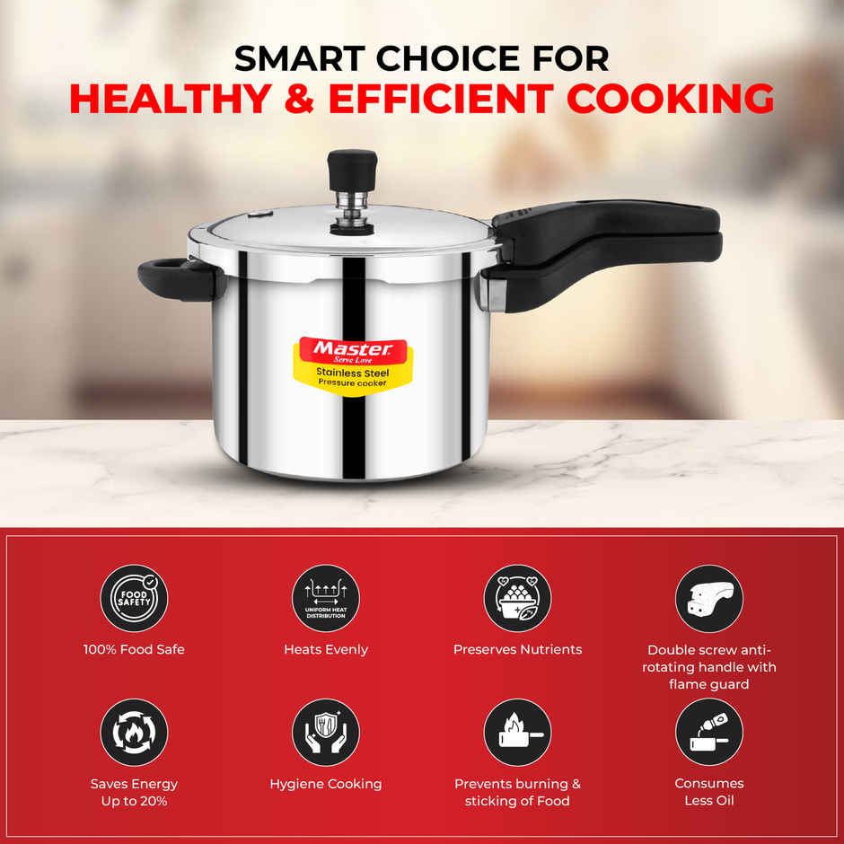 Master Stainless Steel Flat Outer Lid Pressure Cooker 5 L, Gas and Induction Stove Compatible