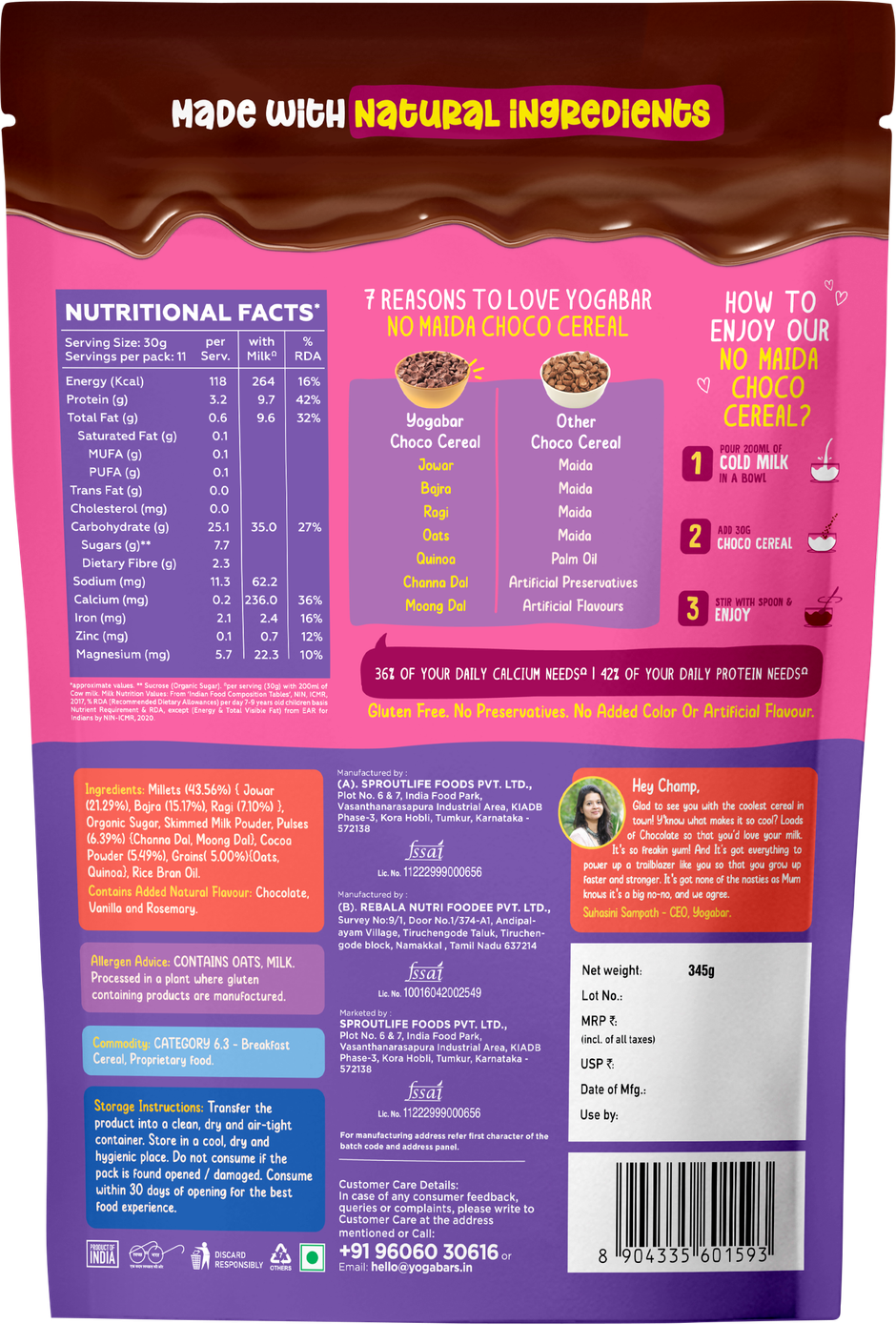 Yoga Bar No Maida Choco Cereal,Chocolatey Breakfast for Kids, Protein & Multigrain Cereal Combo