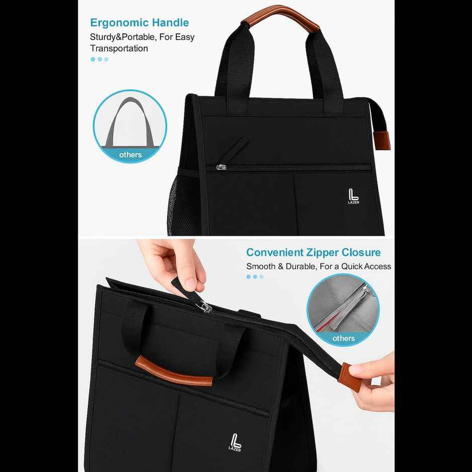 Lazer Insulated Lunch Bag | Waterproof Leakproof Cooler Tote with Pockets | Black