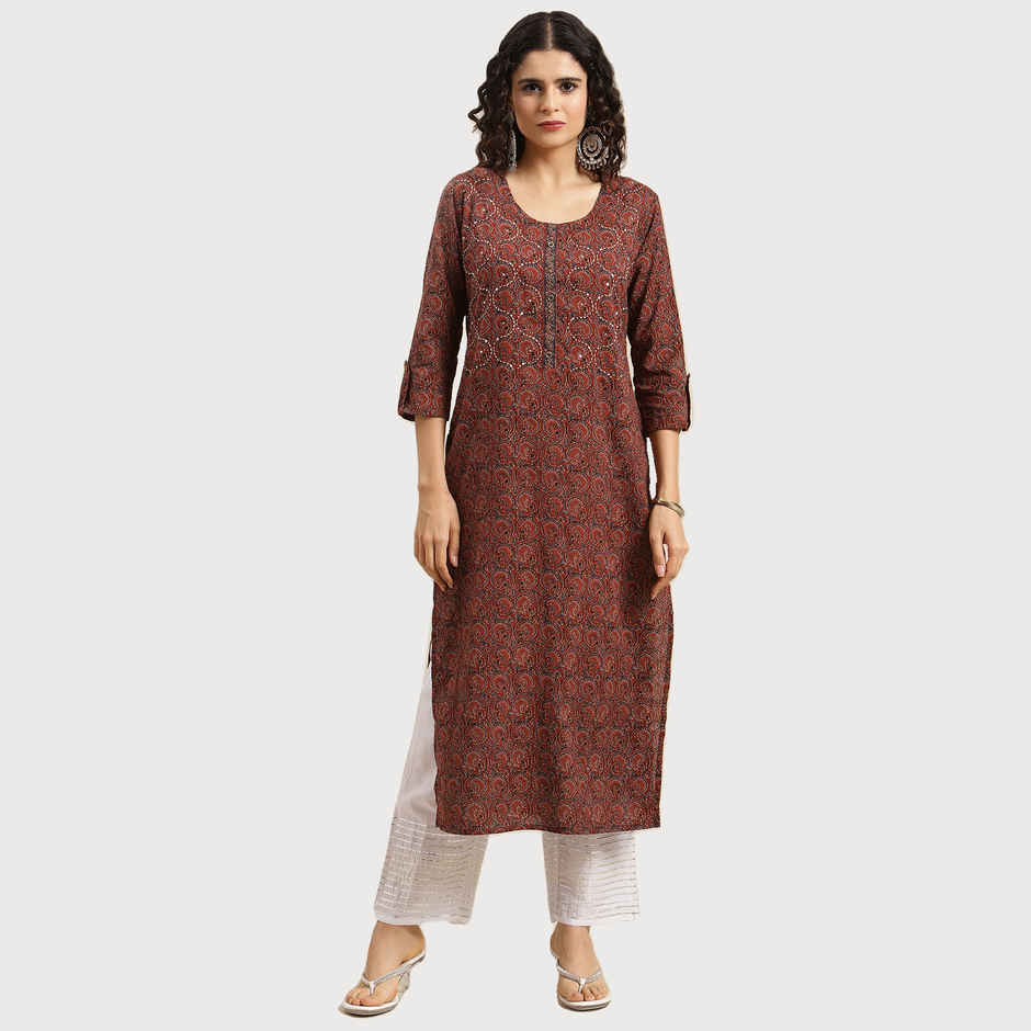 Varanga Women's Bandez Printed Straight Kurta | VKUR45 | Maroon and Blue - L