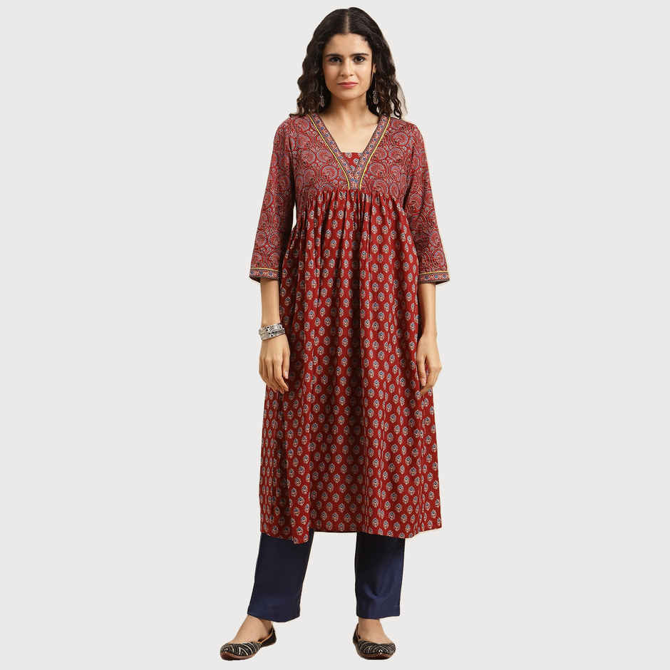 Varanga Women's Bandez Printed Anarkali Kurta | VKUR64 | Maroon and Blue - M