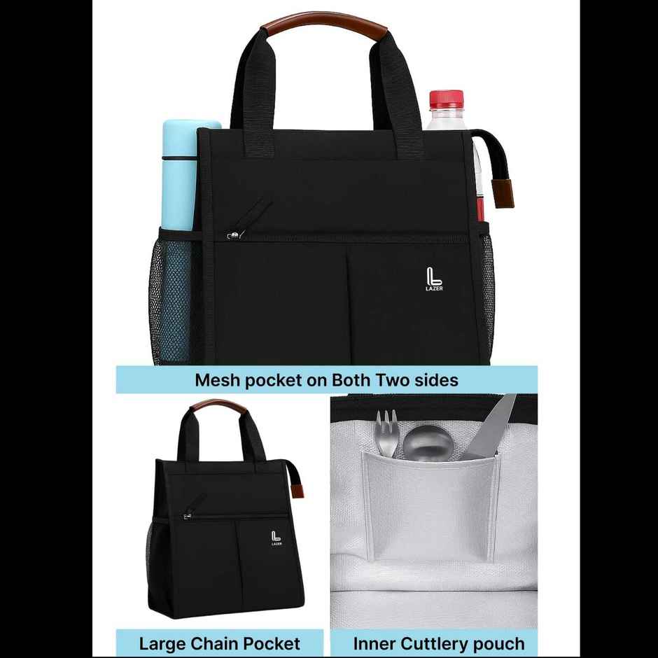 Lazer Insulated Lunch Bag | Waterproof Leakproof Cooler Tote with Pockets | Black