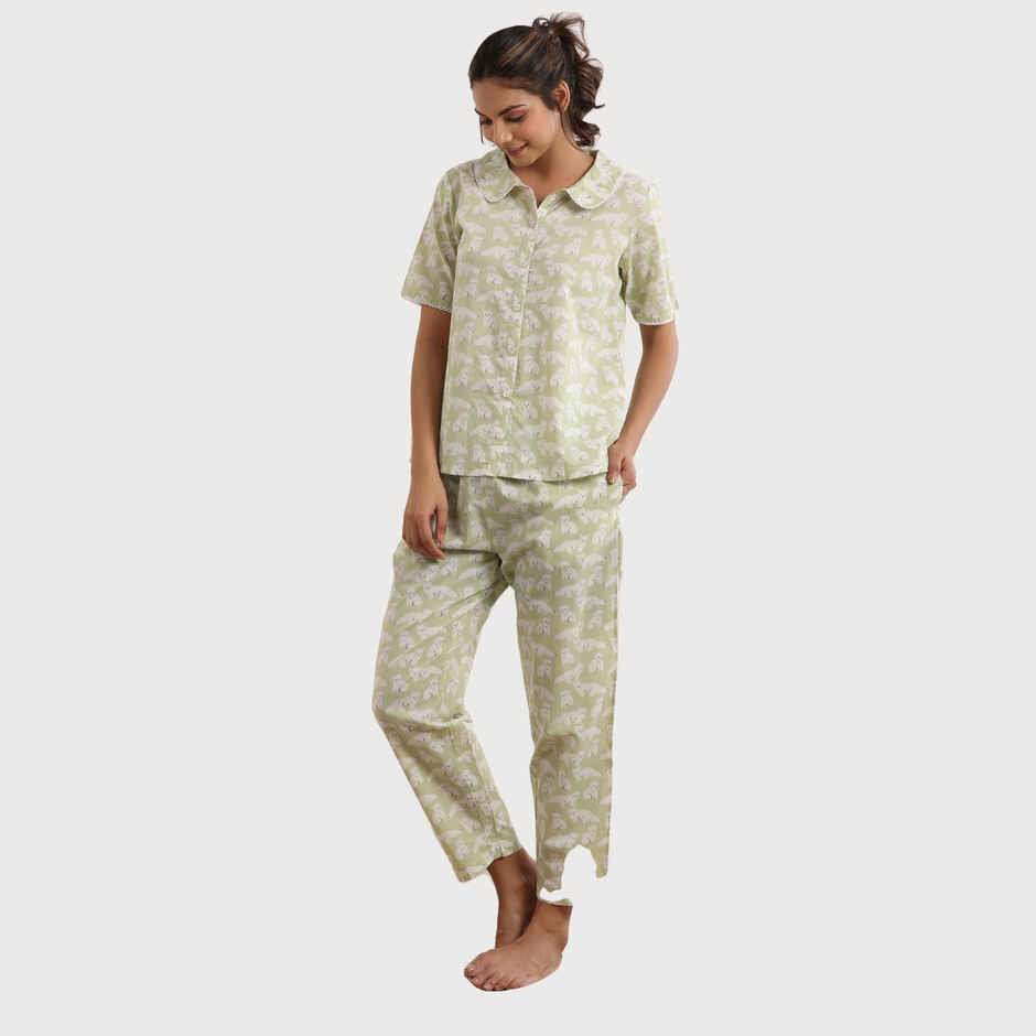 Sanskrutihomes Conversational Printed Pure Cotton Night Shirt And Trousers | Light Green | L