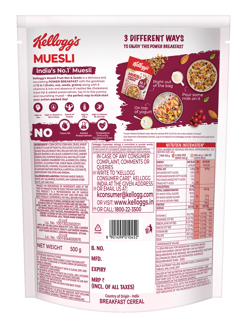 Kellogg's Muesli Fruit Nut and Seeds | 12 In 1 Power Breakfast | No Maida No Palm Oil