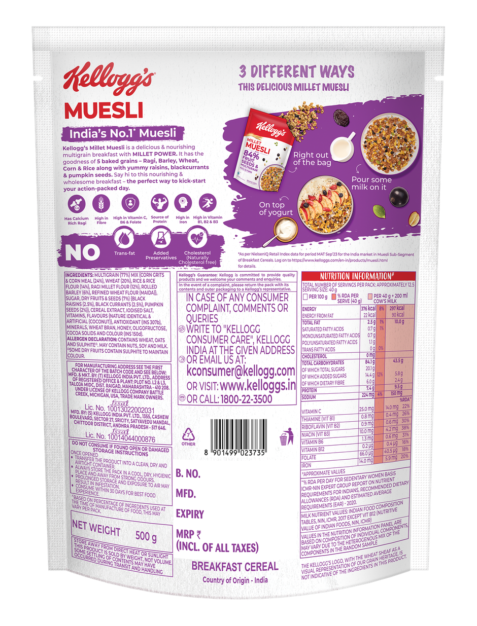Kellogg's Millet Muesli with 84% Fruit, Seed & Multigrain | High in Fibre