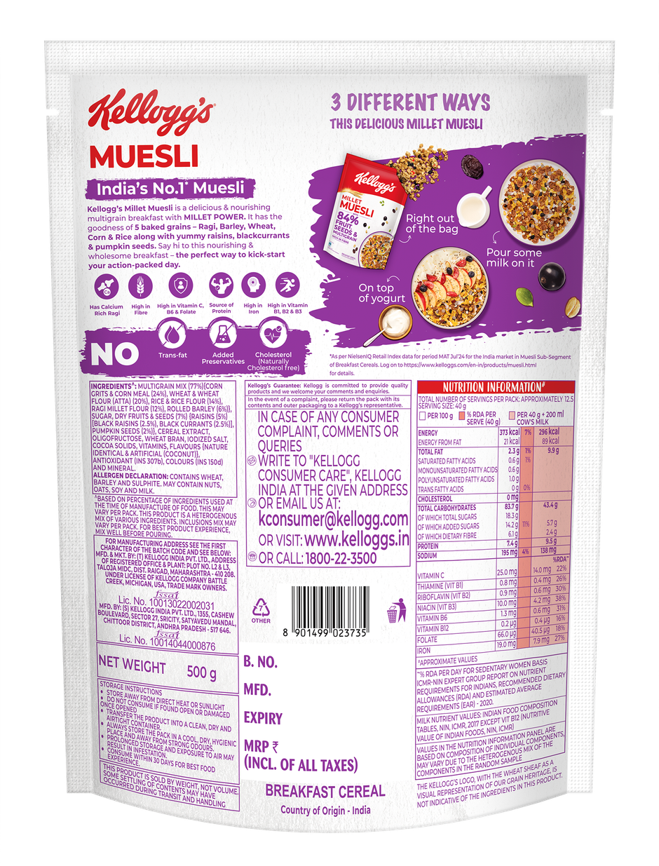 Kellogg's Millet Muesli with 84% Fruit, Seed & Multigrain | High in Fibre