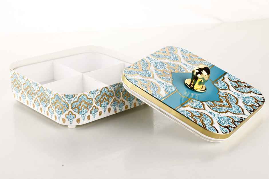 Youbee Dry Fruit Container Tray & Lid Plastic Dry Food Storage Box Gifting Set With 4 Section Blue