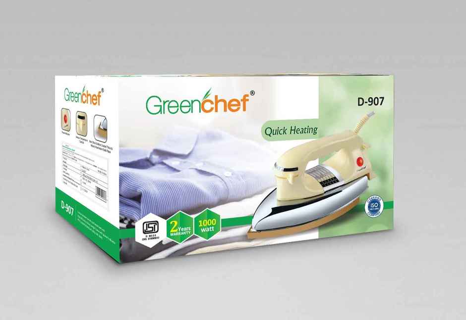 Greenchef D - 907 Heavy Weight 1000 W Dry Iron, 360 Degree Swivel Cord, Cool Touch Body - Yellow
