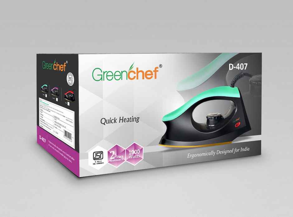 Greenchef D - 407 Dry Iron, 1000W, 360 Degree Swivel Cord, Cool Touch Body - Black