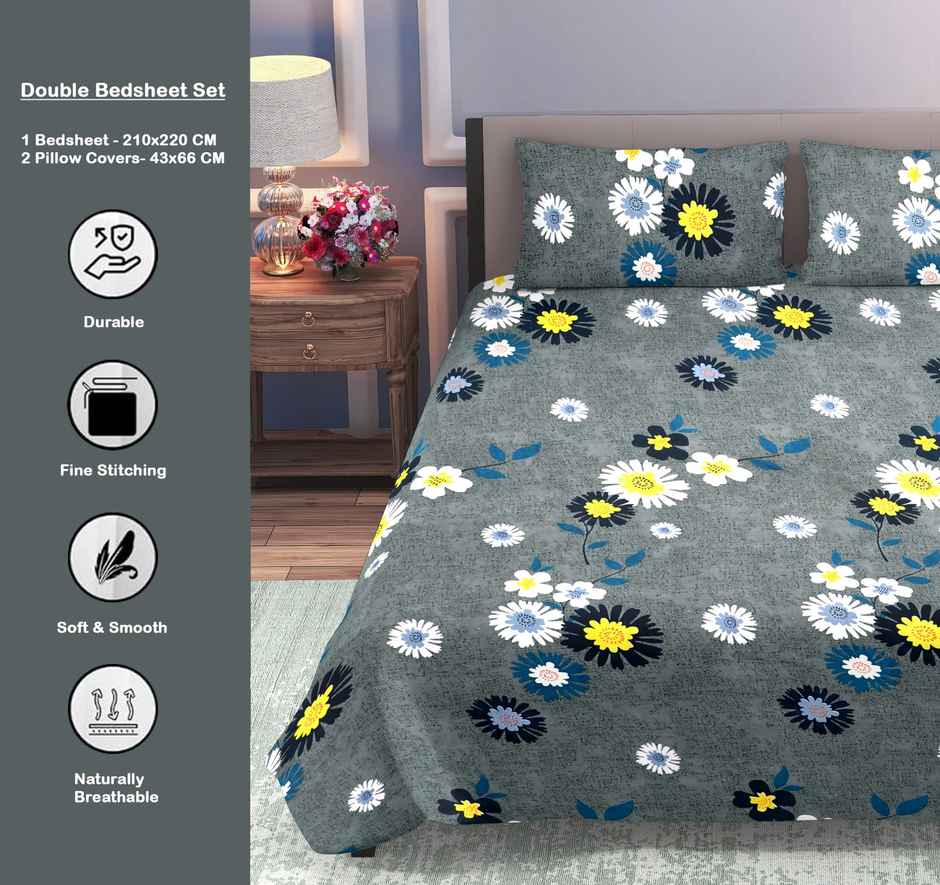 Dream Living Double Bedsheet Set | Grey - 210 x 220 cm