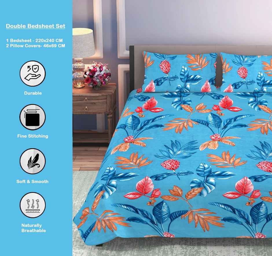 Dream Living 115 GSM Double Bedsheet Set |220 x 240 cm| With 2 Pillow Covers