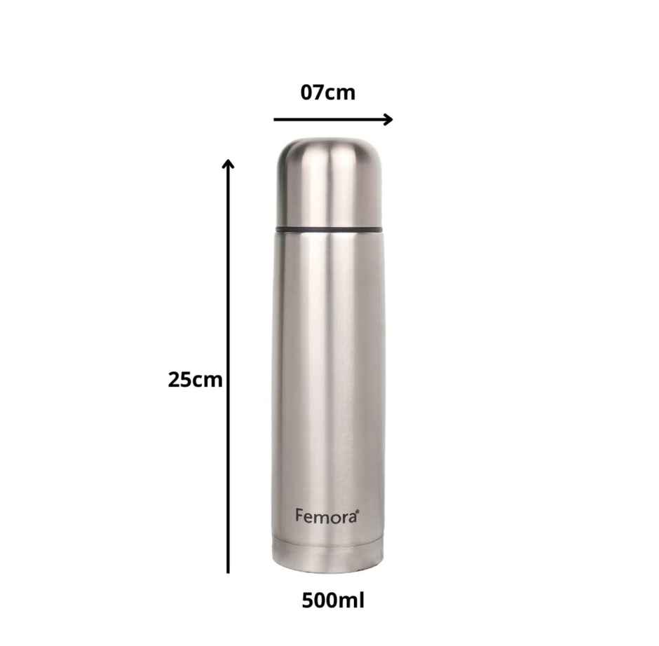 Femora Bullet Thermosteel Stainless Steel Water Bottle Flask Bottle | Hot And Cold | 500ml | Silver