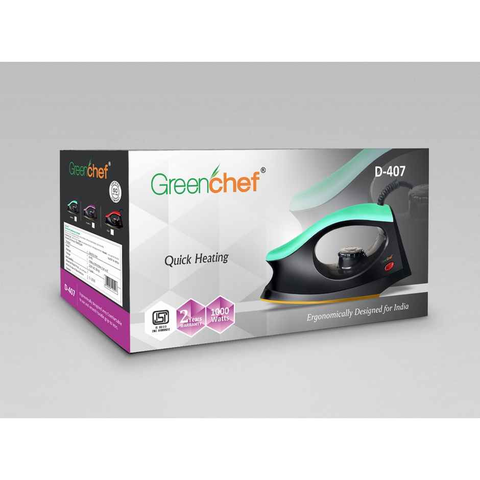Greenchef D - 407 Dry Iron, 1000W, 360 Degree Swivel Cord, Cool Touch Body - Black
