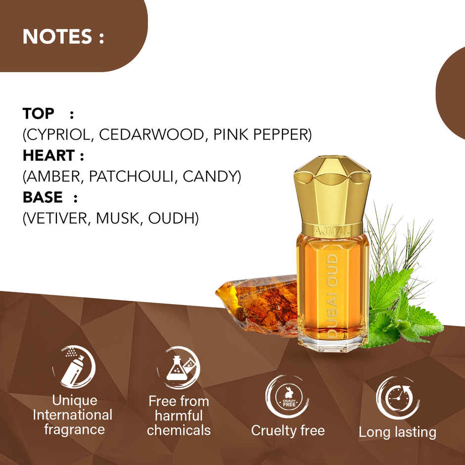 Ajmal Dubai Oud Attar Long Lasting Alcohol Free Perfume Oil for Men & Women