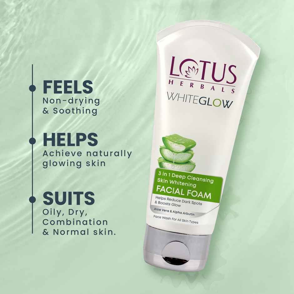 Lotus Herbals Whiteglow 3 In 1 Deep Cleaning Skin Whitening Facial Foam, Chemical Free