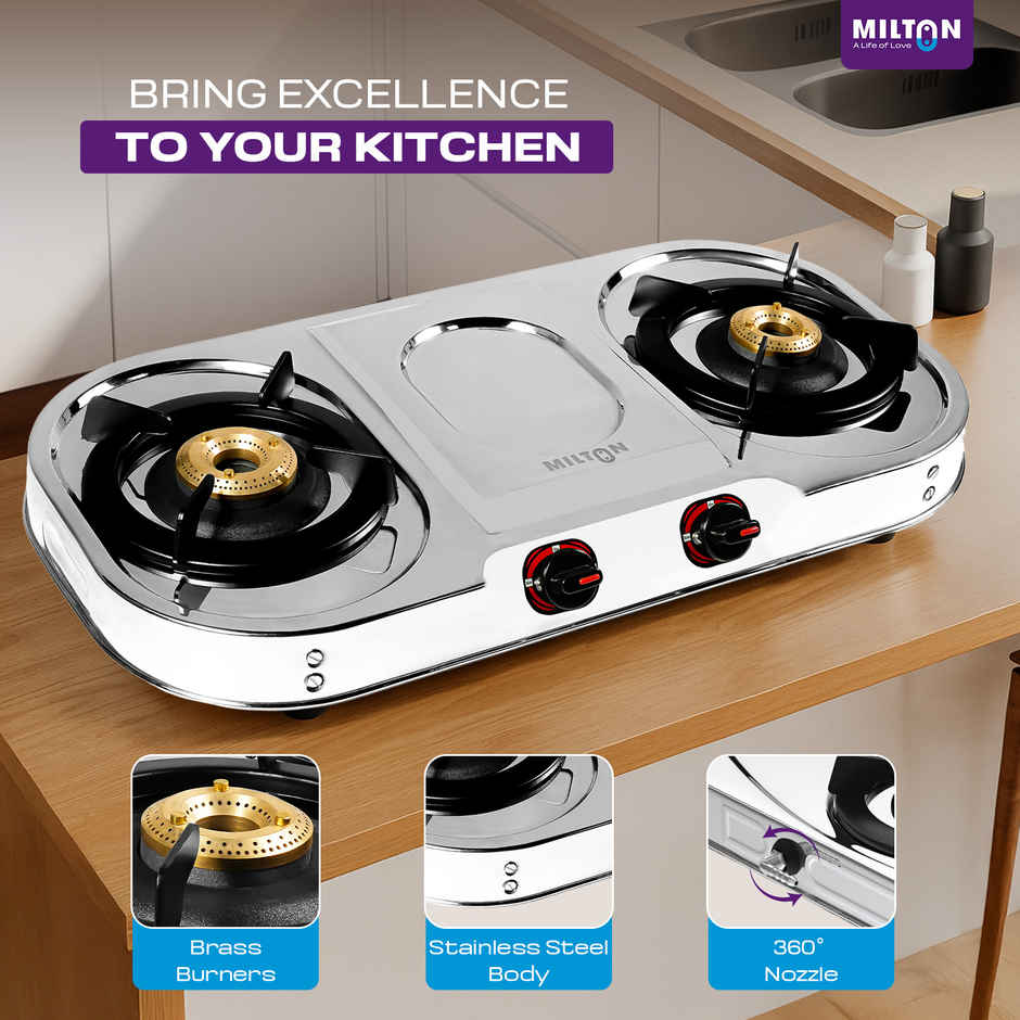 Milton Royal Stainless Steel Gas Stove 2 Burners | ISI Certified Manual Ignition
