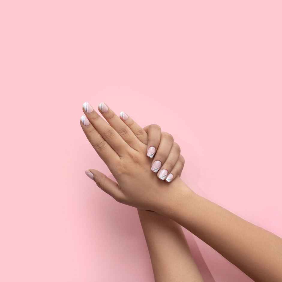 Pep Nails | Luxie Tips | Medium Square Nude French | Glossy Glitter Press On Nails | 24 Tips