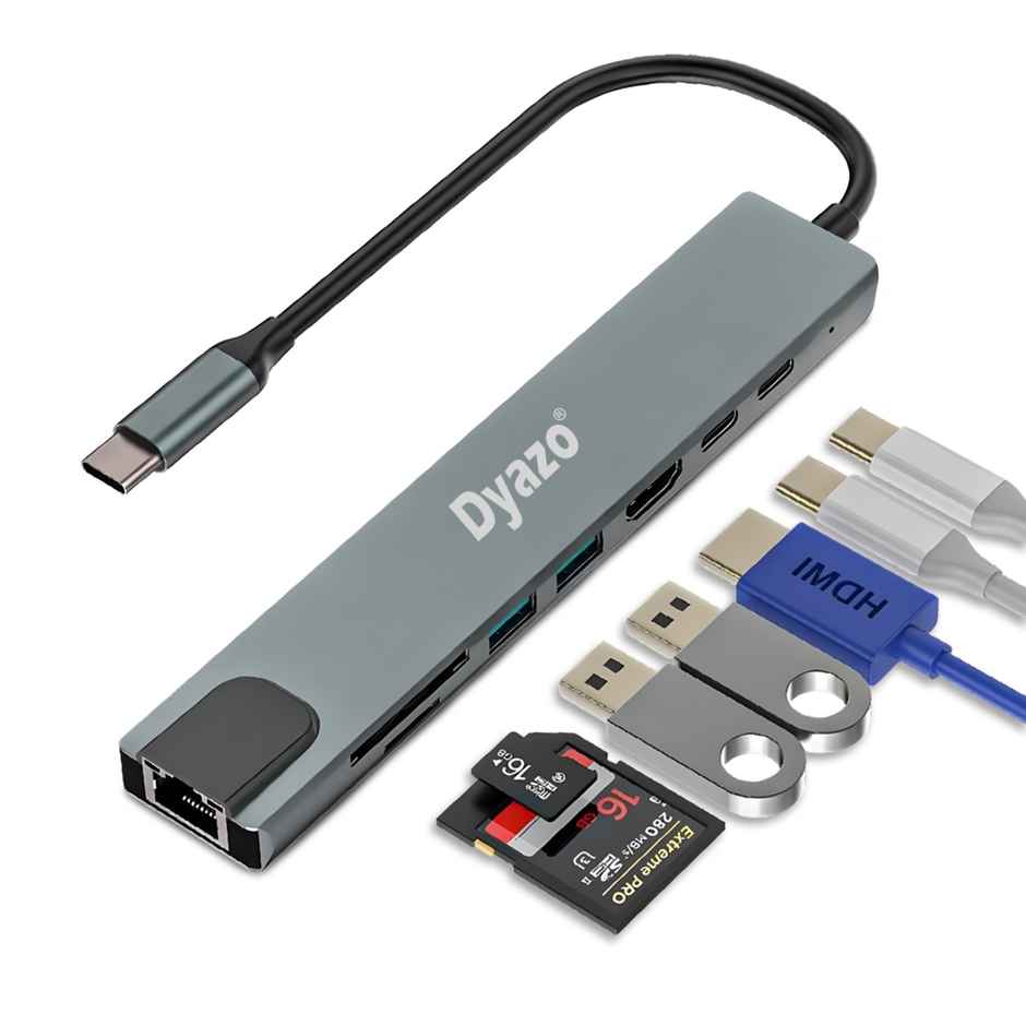 Dyazo 8-in-1 USB-C Hub with HDMI | PD | Ethernet | SD/TF | USB 3.0 - Space Grey