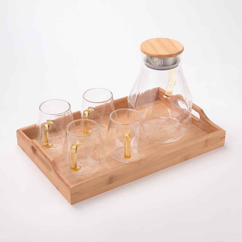 Umai Borosilicate Glass Water Jug With Lid (2000 ml), 4 Cups (340 ml) & Tray | Glass Jug For Water