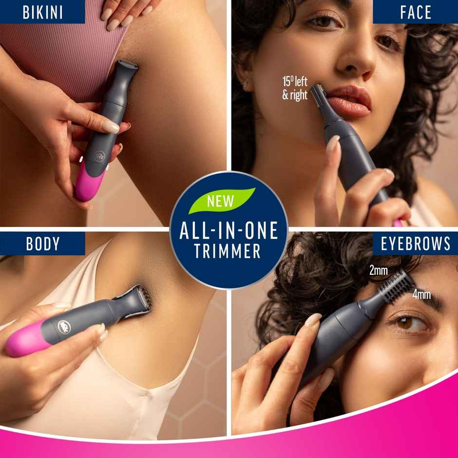 Veet Expert All-in-One Female Body Trimmer | Full Body, Bikini, Face & Eyebrow Grooming Trimmer - Black & Pink