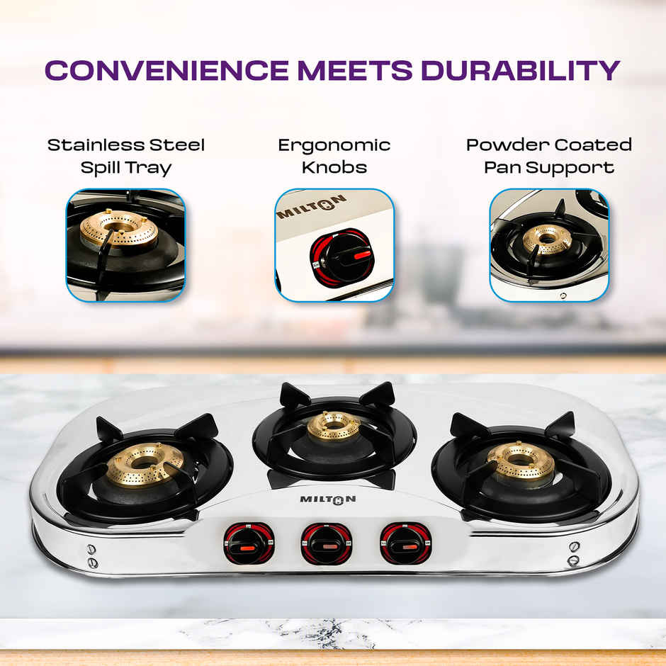 Milton Royal Stainless Steel Gas Stove 3 Burners | ISI Certified Manual Ignition
