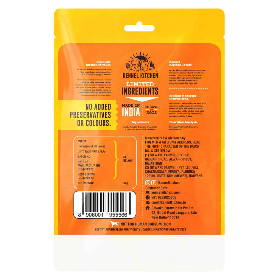 Kennel Kitchen Soft Baked Lamb with Pumpkin Sticks Treats for Dogs