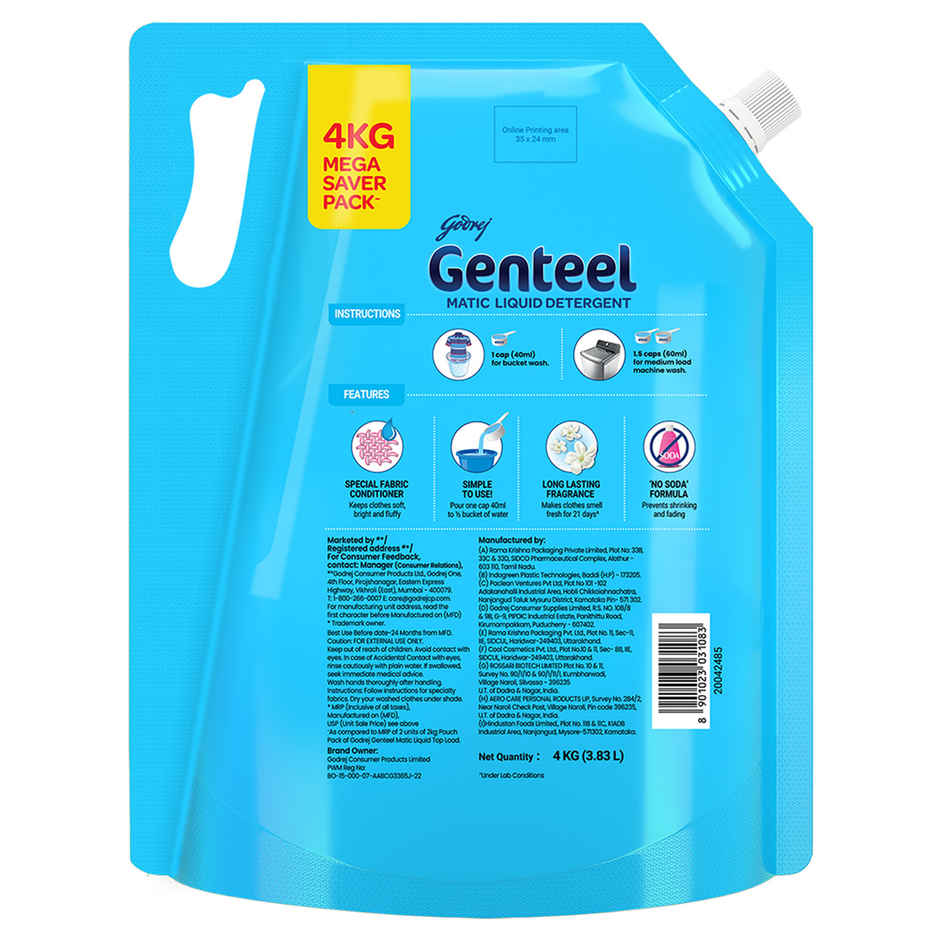 Genteel Liquid Detergent Refill Pouch - Top Load