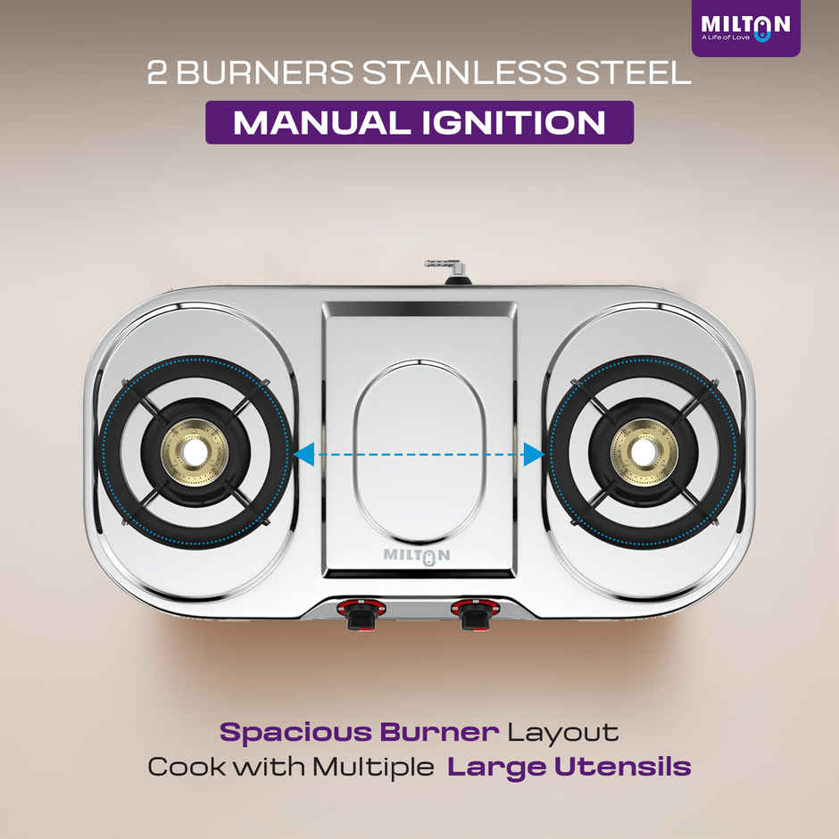Milton Royal Stainless Steel Gas Stove 2 Burners | ISI Certified Manual Ignition