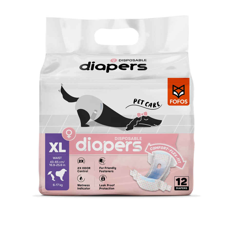 FOFOS Disposable Female Dog Diapers XL (12 Pcs) Waist Size 43-65cm | For Heat, Pee and Poop